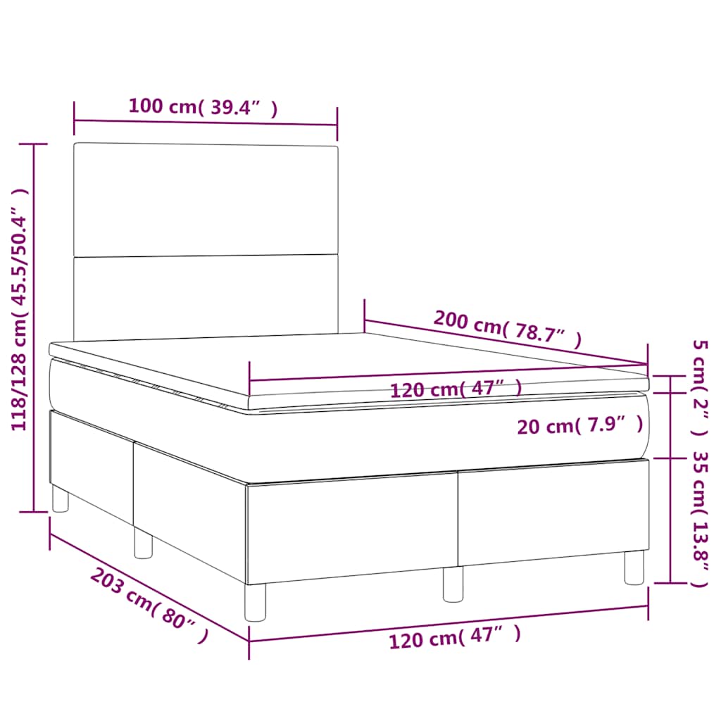 sötétkék bársony rugós és LED-es ágy matraccal 120x200 cm