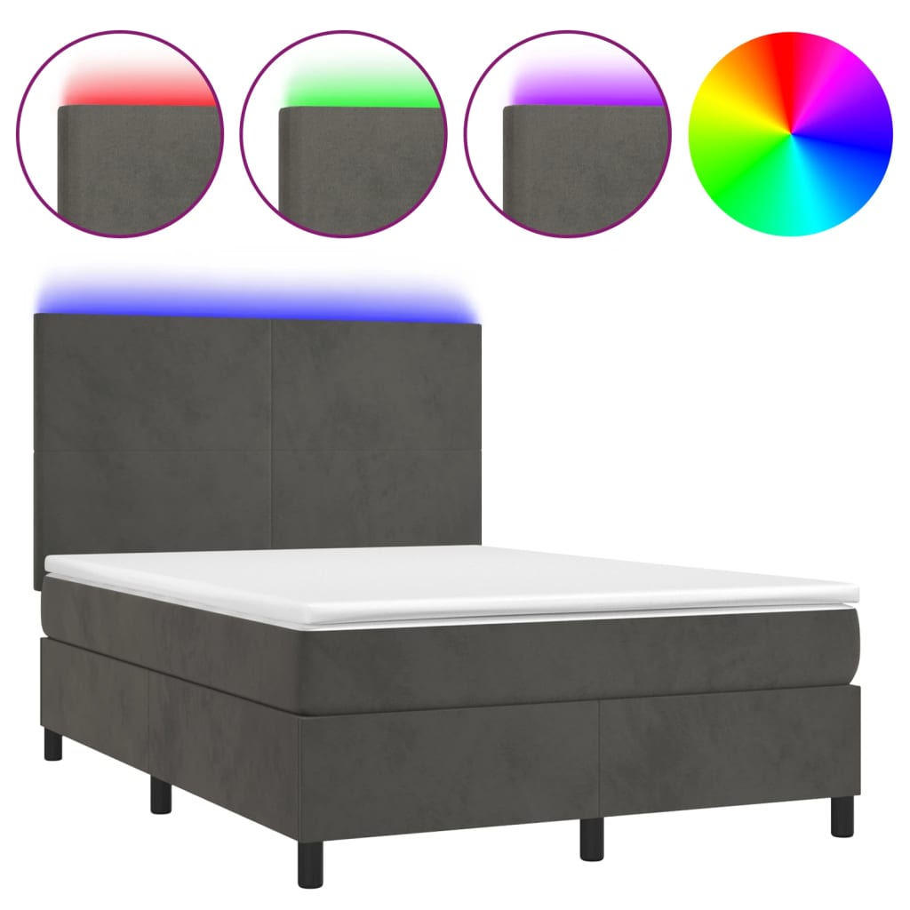 sötétszürke bársony rugós és LED-es ágy matraccal 140x190 cm