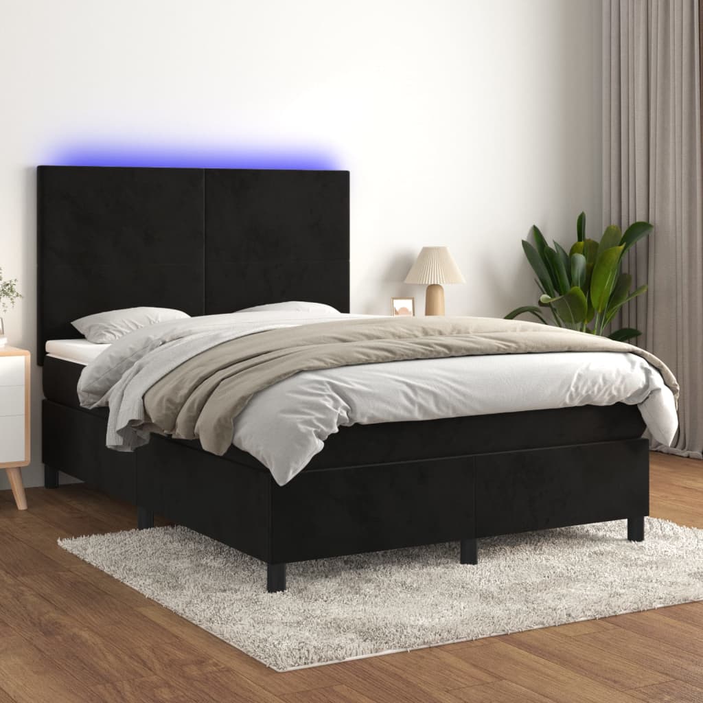 fekete bársony rugós és LED-es ágy matraccal 140x190 cm