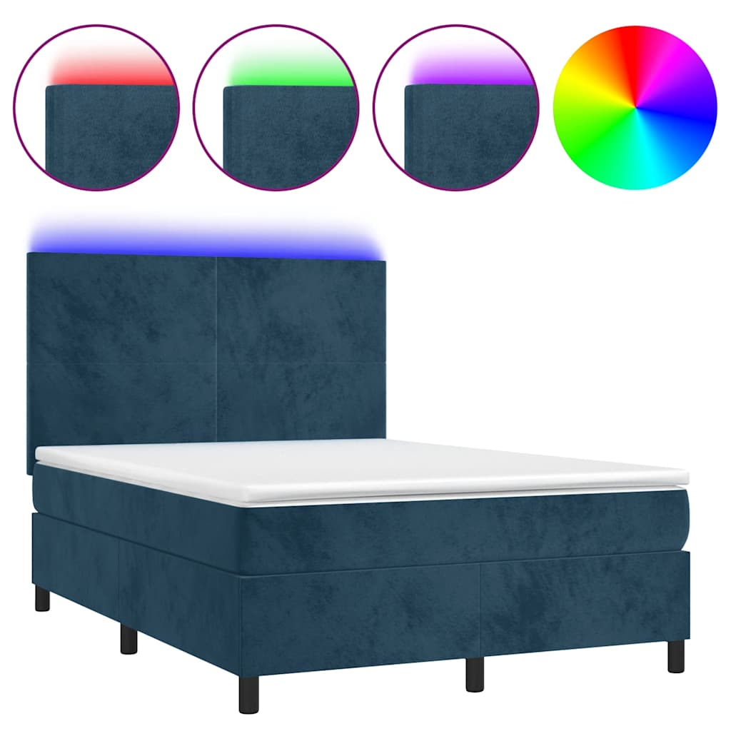 sötétkék bársony rugós és LED-es ágy matraccal 140x190 cm