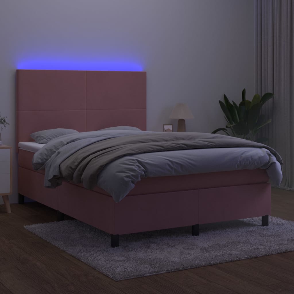 rózsaszín bársony rugós és LED-es ágy matraccal 140x190 cm