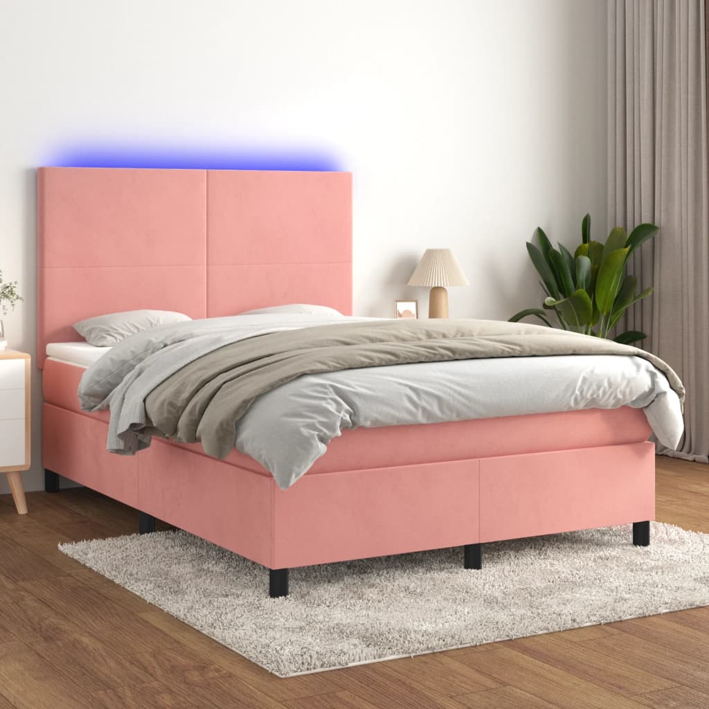 rózsaszín bársony rugós és LED-es ágy matraccal 140x190 cm