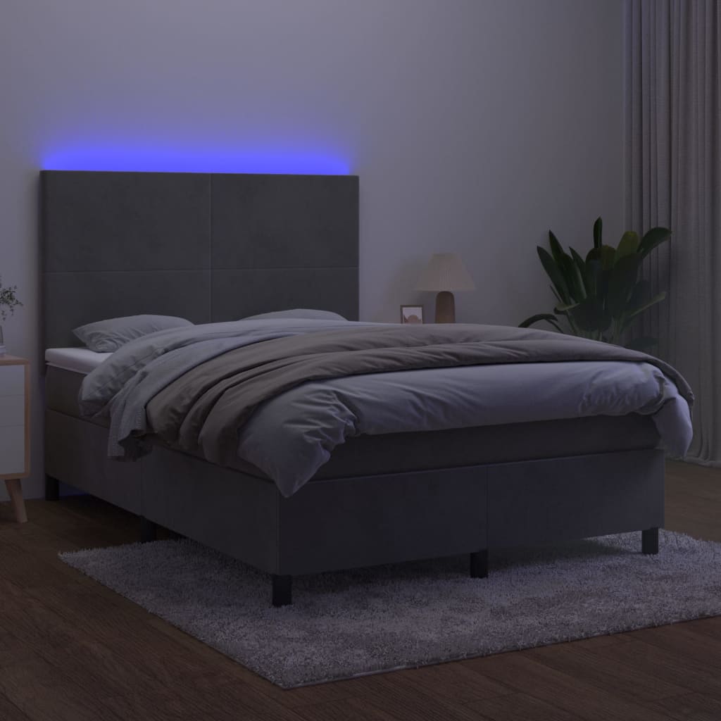 világosszürke bársony rugós és LED-es ágy matraccal 140x200 cm