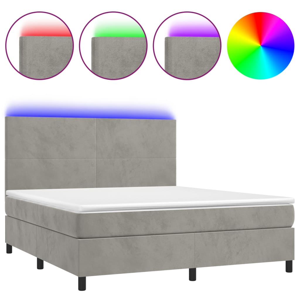 világosszürke bársony rugós és LED-es ágy matraccal 160x200 cm