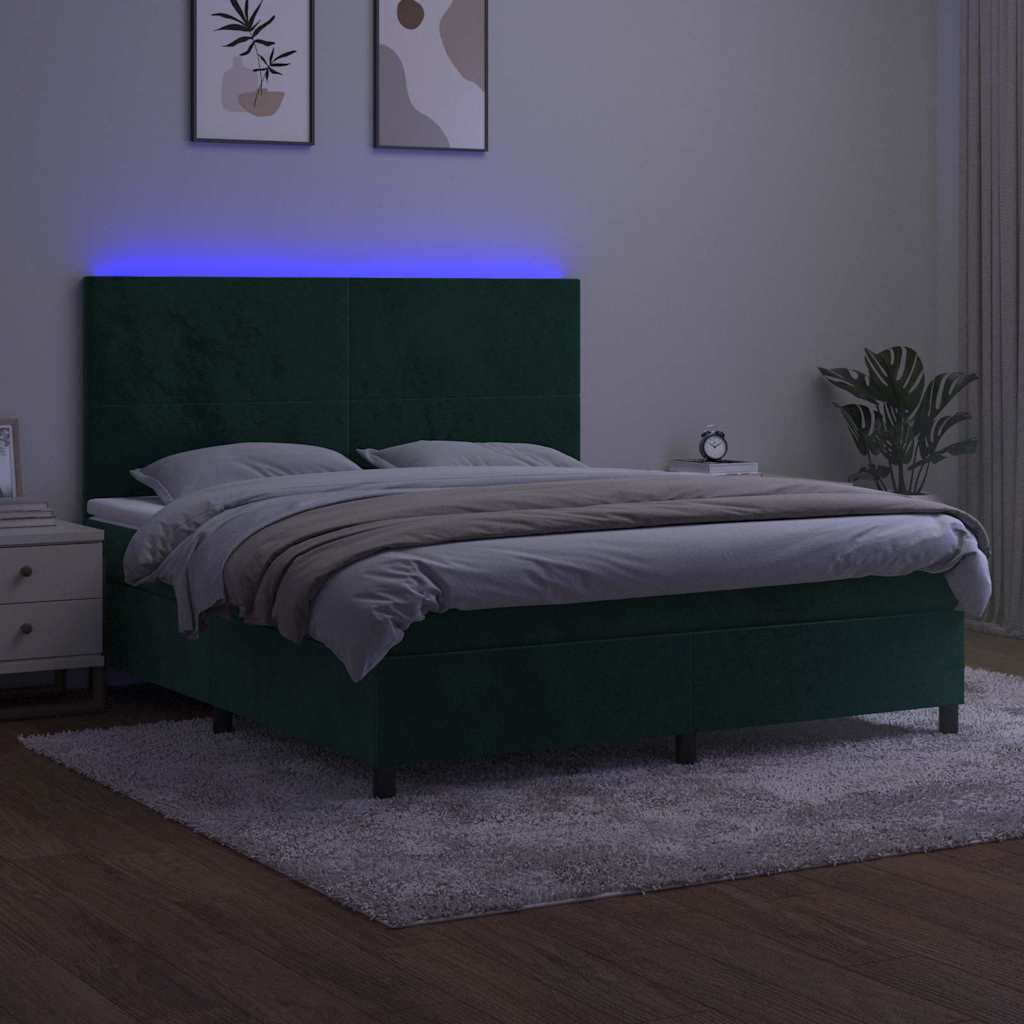 sötétzöld bársony rugós és LED-es ágy matraccal 160x200 cm