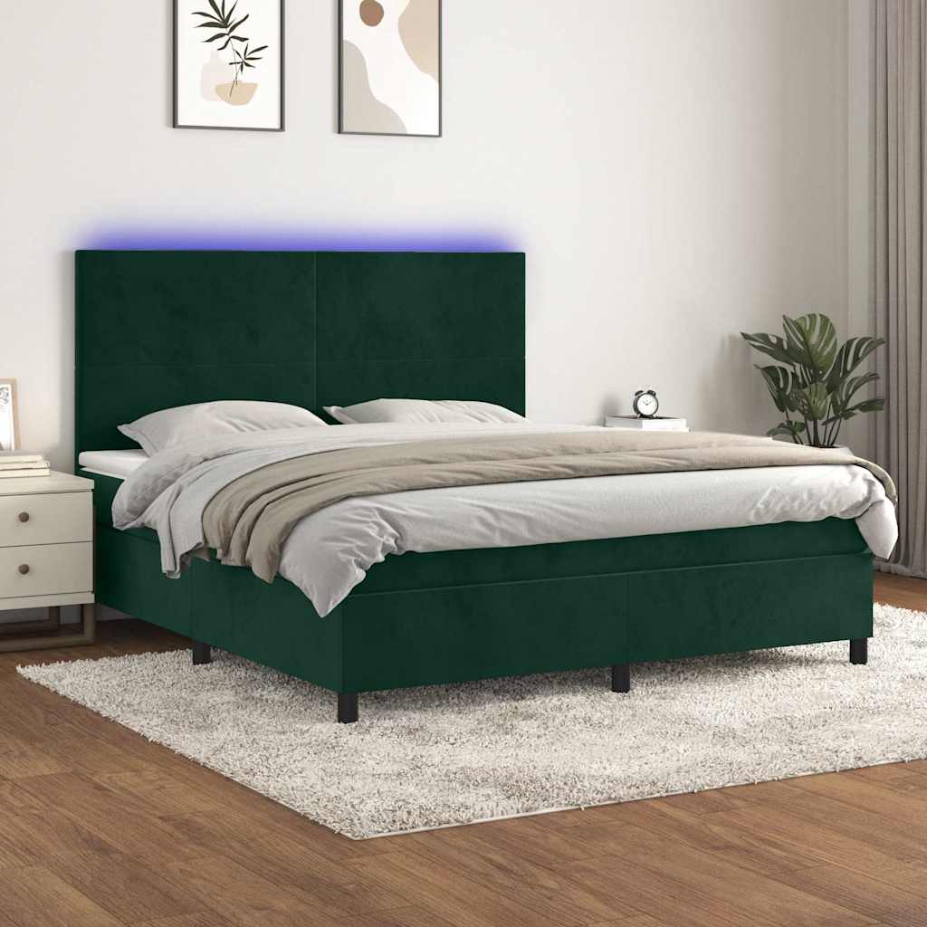 sötétzöld bársony rugós és LED-es ágy matraccal 160x200 cm
