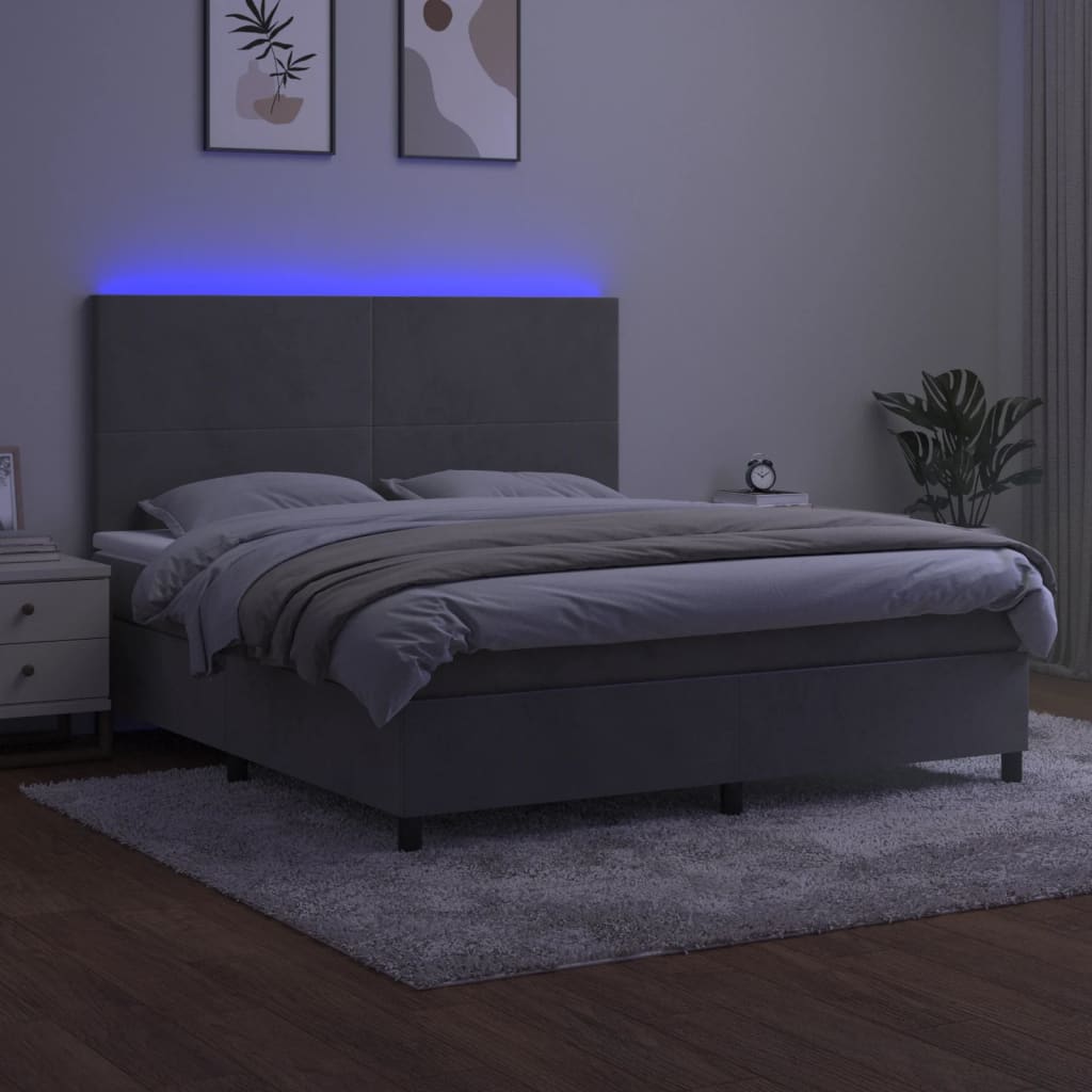 világosszürke bársony rugós és LED-es ágy matraccal 180x200 cm
