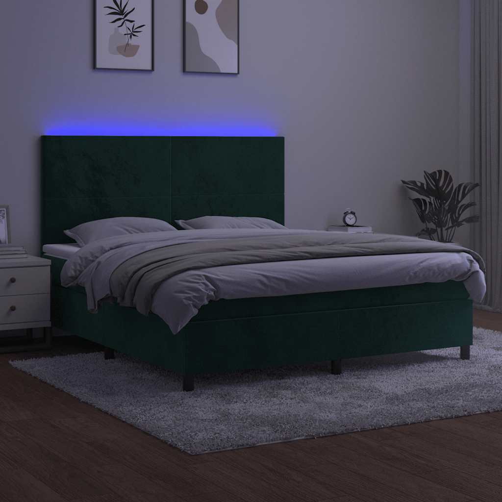 sötétzöld bársony rugós és LED-es ágy matraccal 180x200 cm