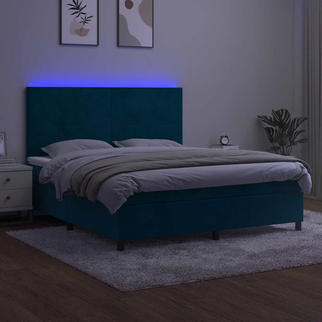 sötétkék bársony rugós és LED-es ágy matraccal 180x200 cm