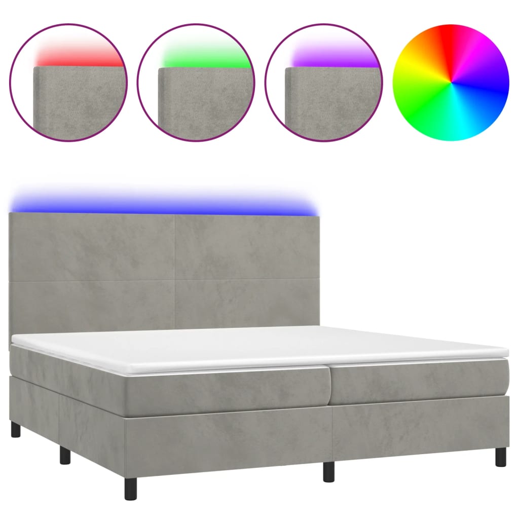 világosszürke bársony rugós és LED-es ágy matraccal 200x200 cm