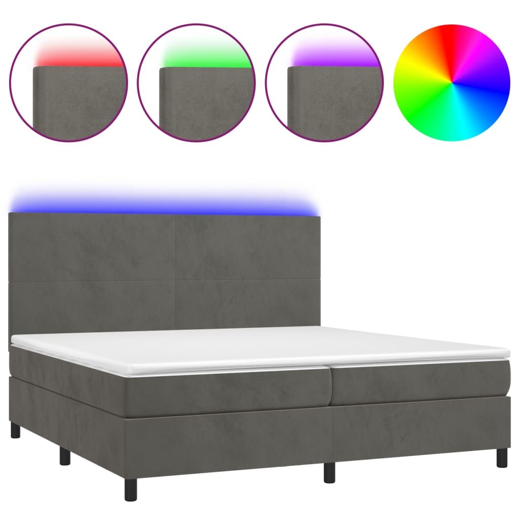 sötétszürke bársony rugós és LED-es ágy matraccal 200x200 cm