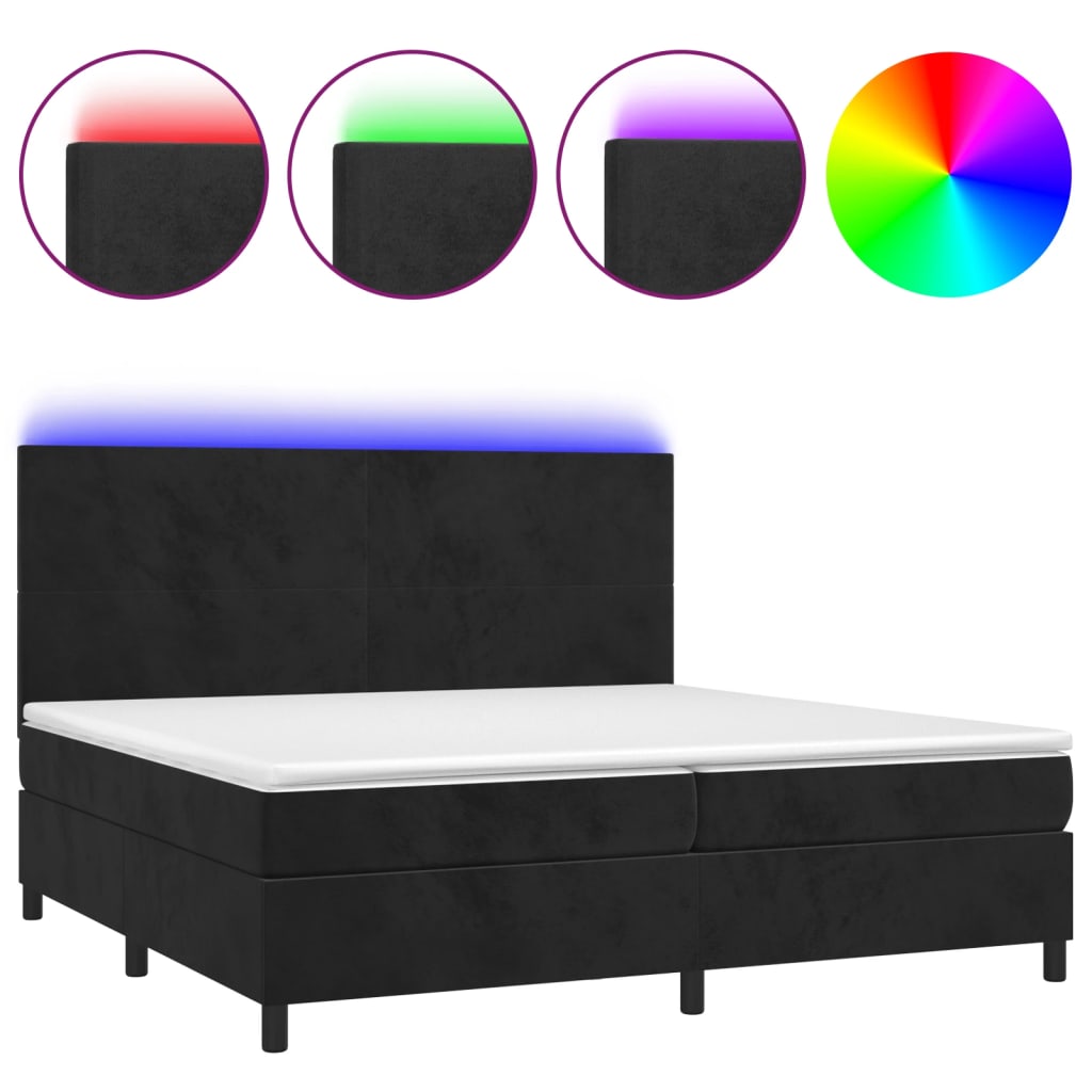 fekete bársony rugós és LED-es ágy matraccal 200x200 cm