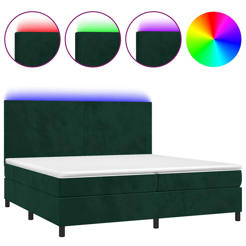 sötétzöld bársony rugós és LED-es ágy matraccal 200x200 cm