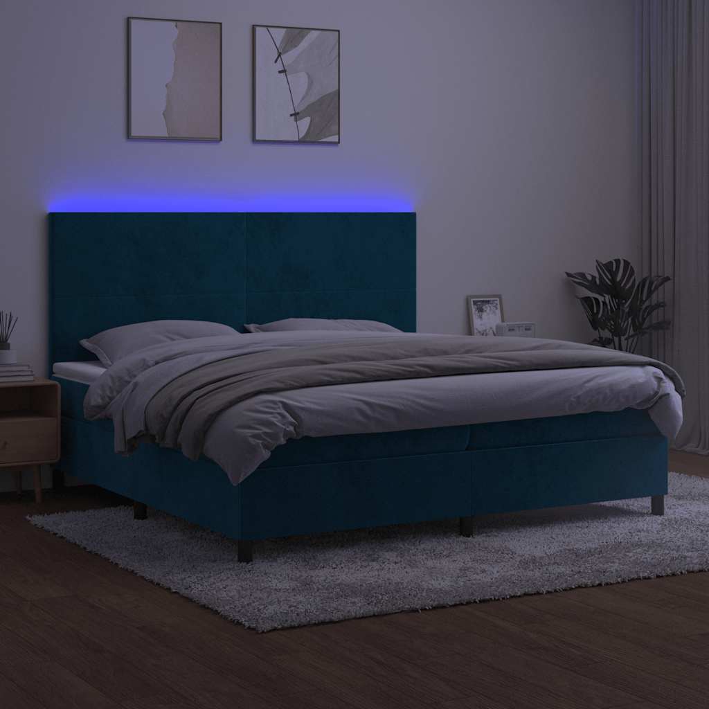 sötétkék bársony rugós és LED-es ágy matraccal 200x200 cm