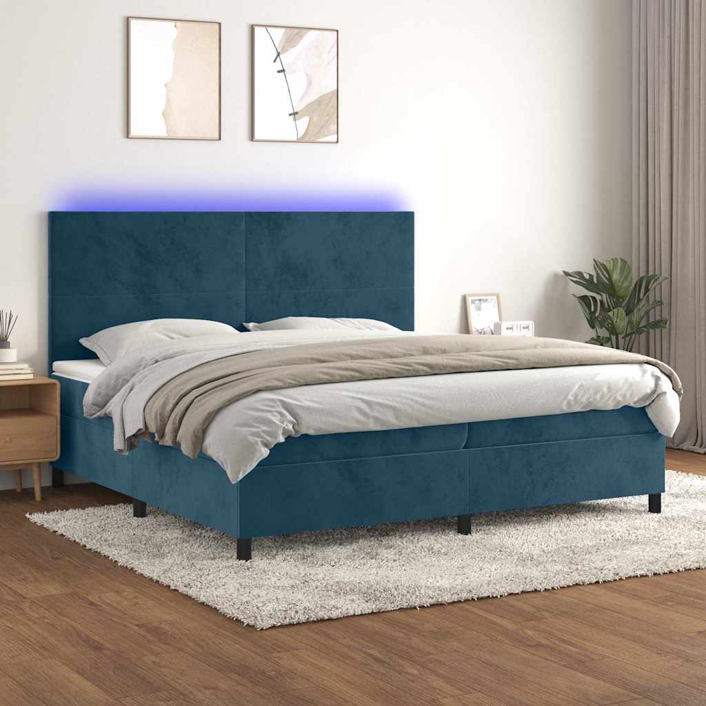 sötétkék bársony rugós és LED-es ágy matraccal 200x200 cm