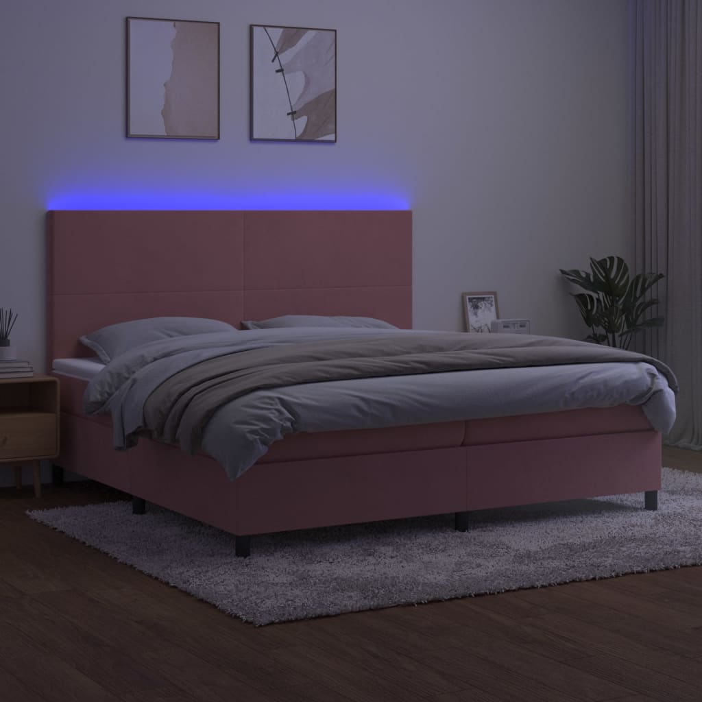 rózsaszín bársony rugós és LED-es ágy matraccal 200x200 cm