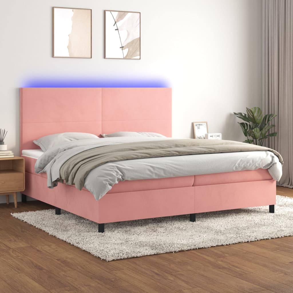 rózsaszín bársony rugós és LED-es ágy matraccal 200x200 cm