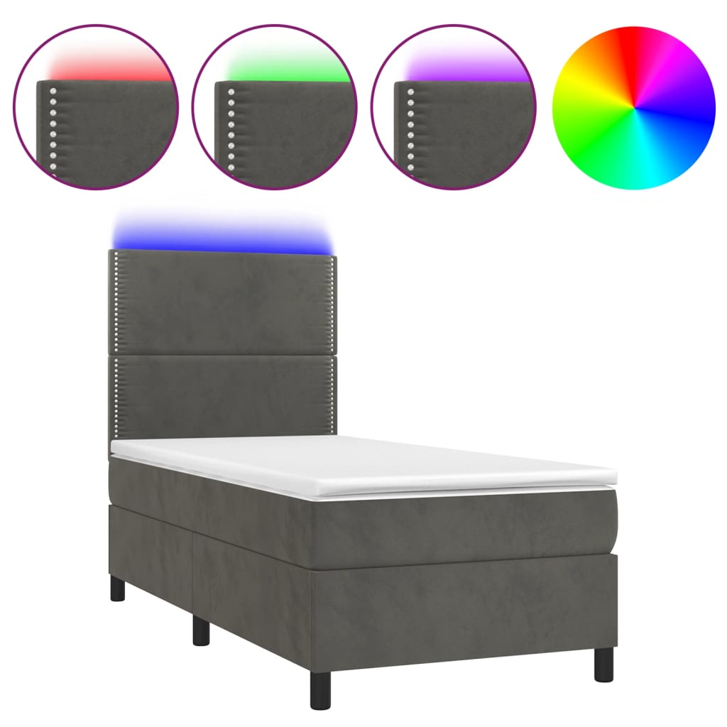 sötétszürke bársony rugós és LED-es ágy matraccal 90x190 cm