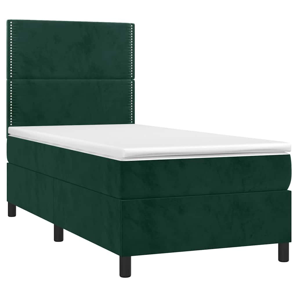 sötétzöld bársony rugós és LED-es ágy matraccal 90x190 cm