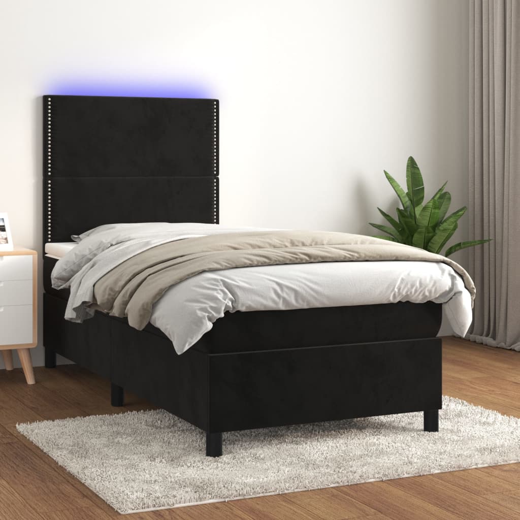 fekete bársony rugós és LED-es ágy matraccal 90x200 cm