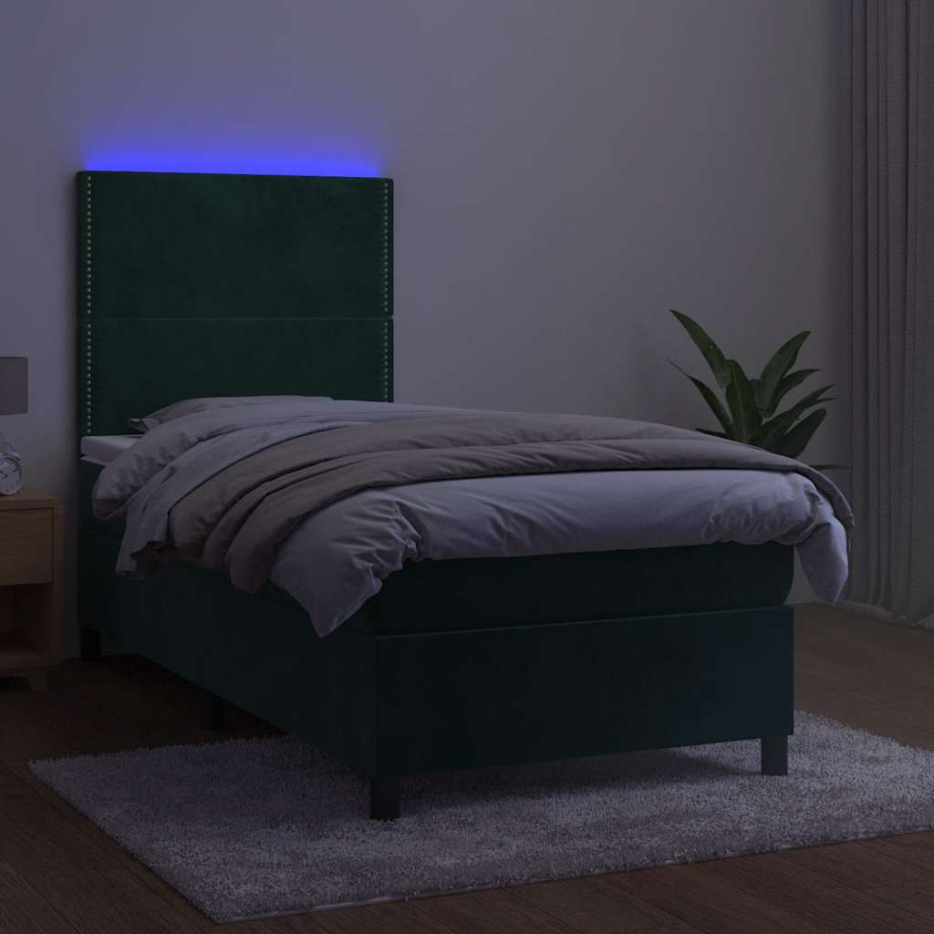 sötétzöld bársony rugós és LED-es ágy matraccal 90x200 cm