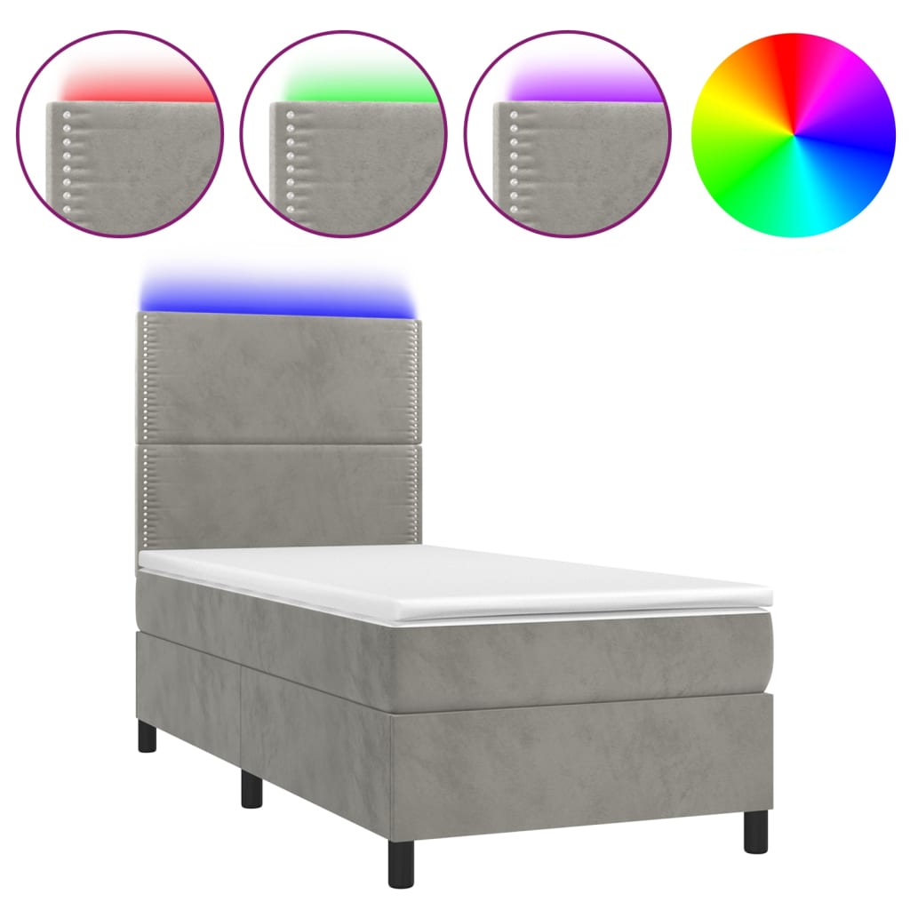 világosszürke bársony rugós és LED-es ágy matraccal 100x200 cm