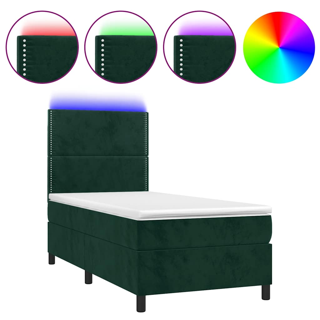 sötétzöld bársony rugós és LED-es ágy matraccal 100x200 cm