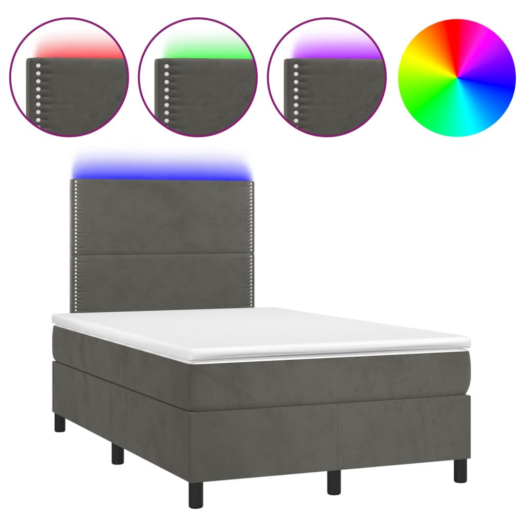 sötétszürke bársony rugós és LED-es ágy matraccal 120x200 cm