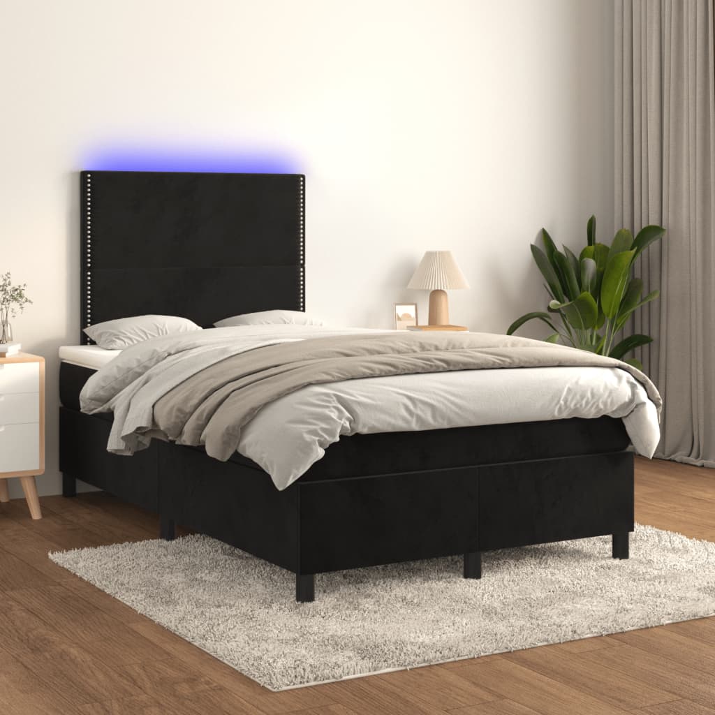 fekete bársony rugós és LED-es ágy matraccal 120x200 cm