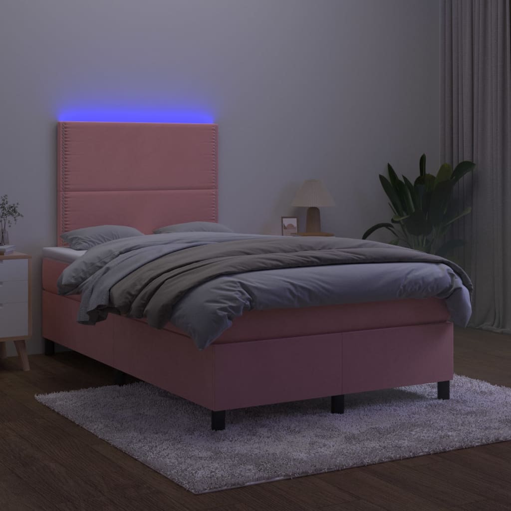 rózsaszín bársony rugós és LED-es ágy matraccal 120x200 cm