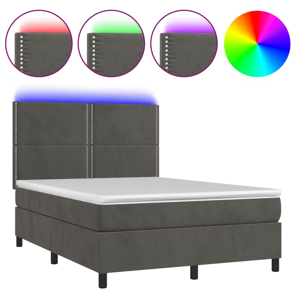 sötétszürke bársony rugós és LED-es ágy matraccal 140x190 cm