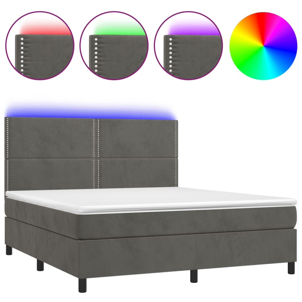 sötétszürke bársony rugós és LED-es ágy matraccal 160x200 cm
