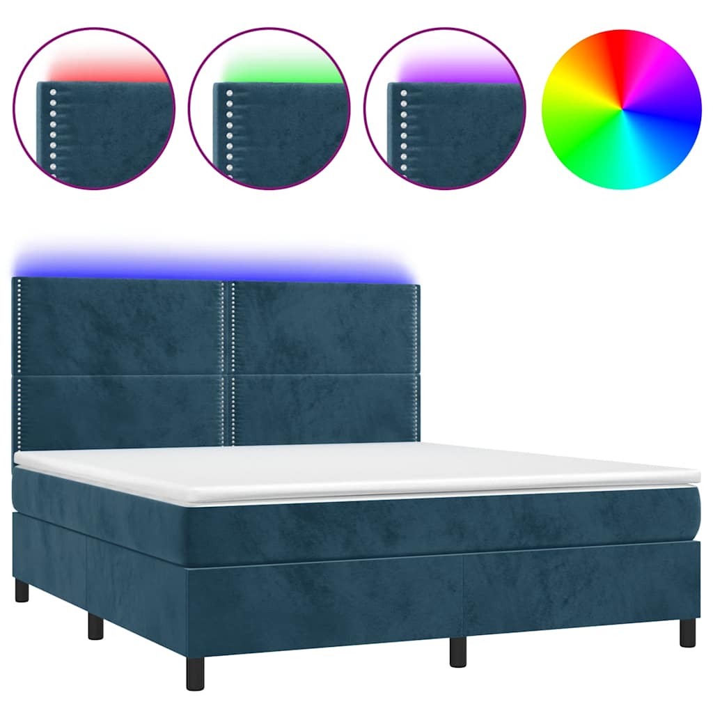 sötétkék bársony rugós és LED-es ágy matraccal 160x200 cm