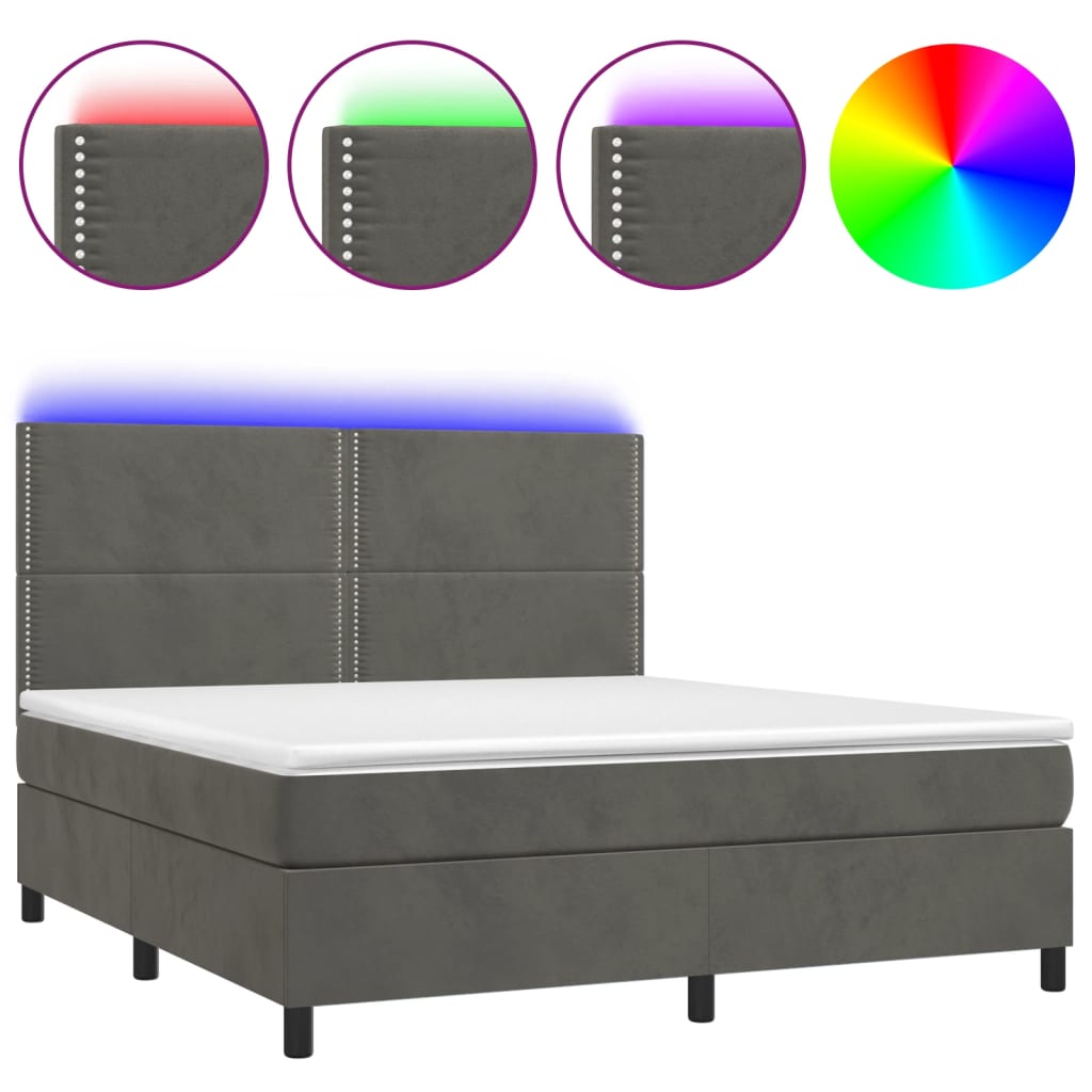 sötétszürke bársony rugós és LED-es ágy matraccal 180x200 cm