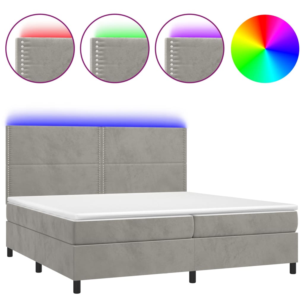világosszürke bársony rugós és LED-es ágy matraccal 200x200 cm
