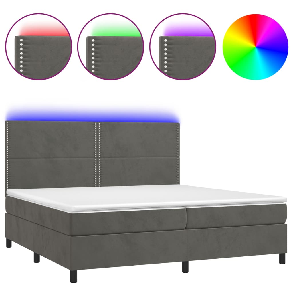 sötétszürke bársony rugós és LED-es ágy matraccal 200x200 cm