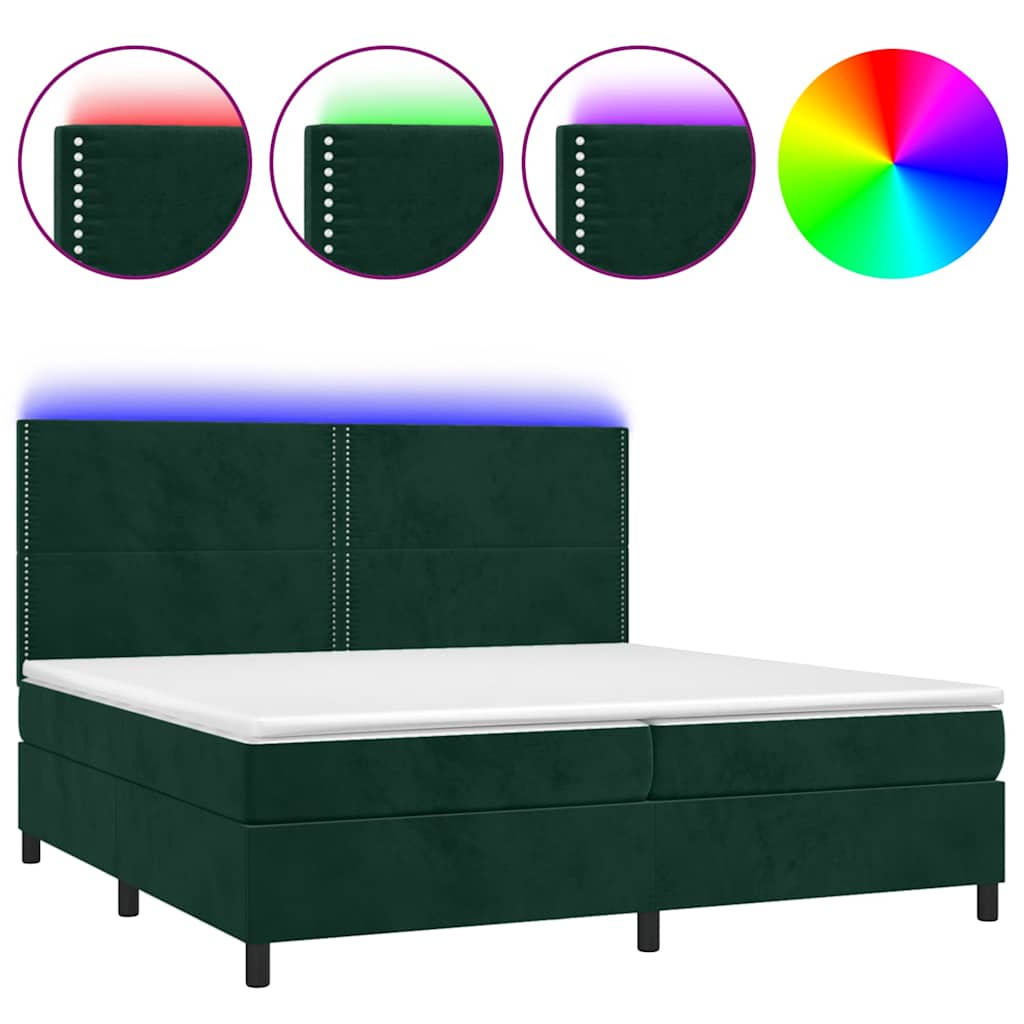 sötétzöld bársony rugós és LED-es ágy matraccal 200x200 cm