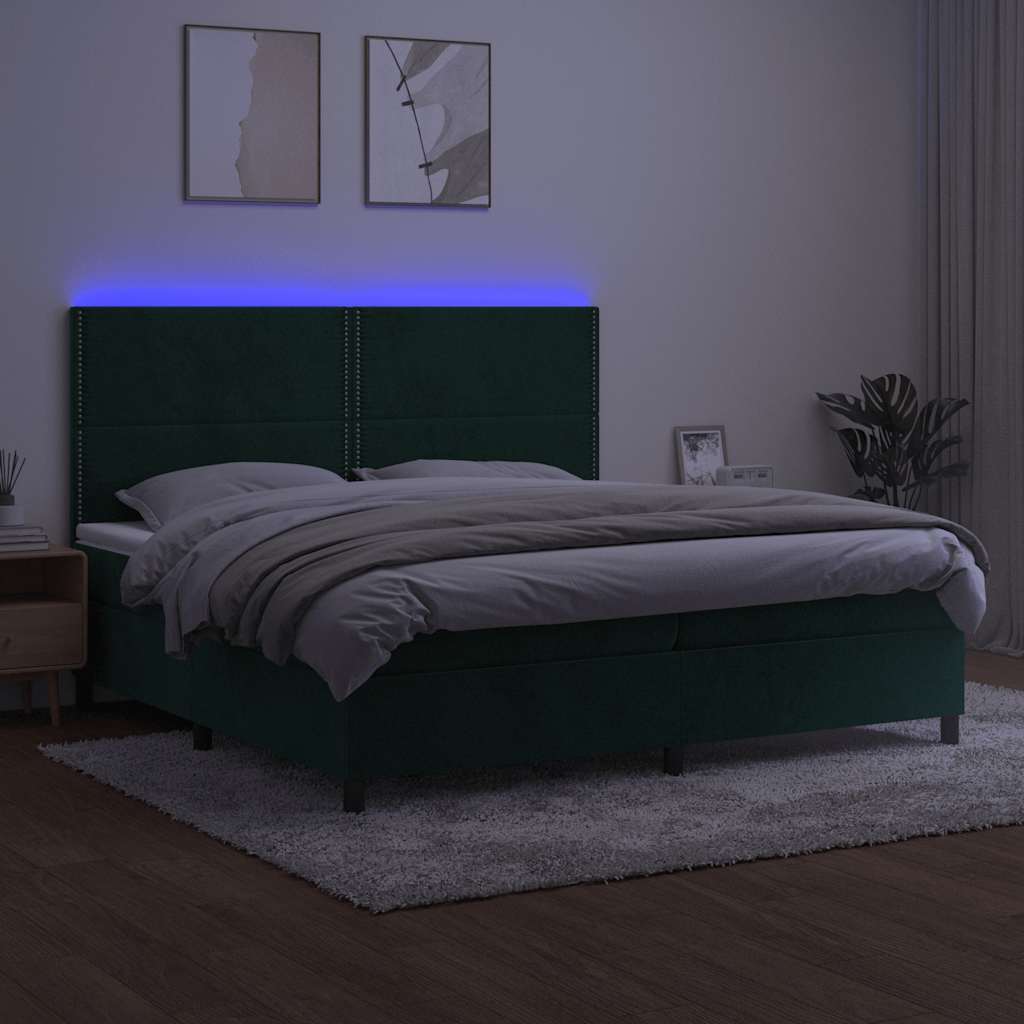 sötétzöld bársony rugós és LED-es ágy matraccal 200x200 cm
