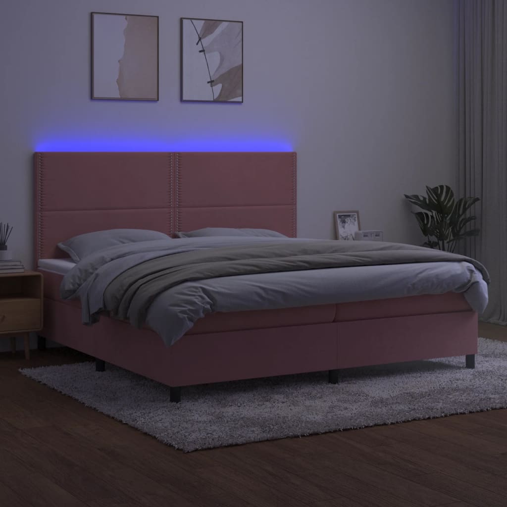 rózsaszín bársony rugós és LED-es ágy matraccal 200x200 cm