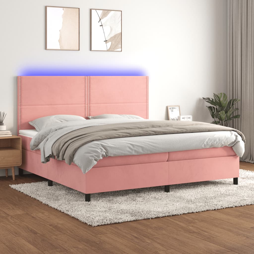 rózsaszín bársony rugós és LED-es ágy matraccal 200x200 cm
