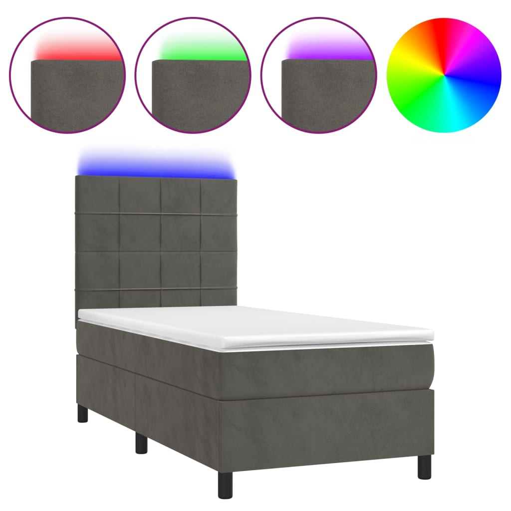 sötétszürke bársony rugós és LED-es ágy matraccal 80 x 200 cm
