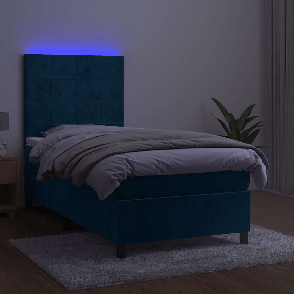 sötétkék bársony rugós és LED-es ágy matraccal 80 x 200 cm