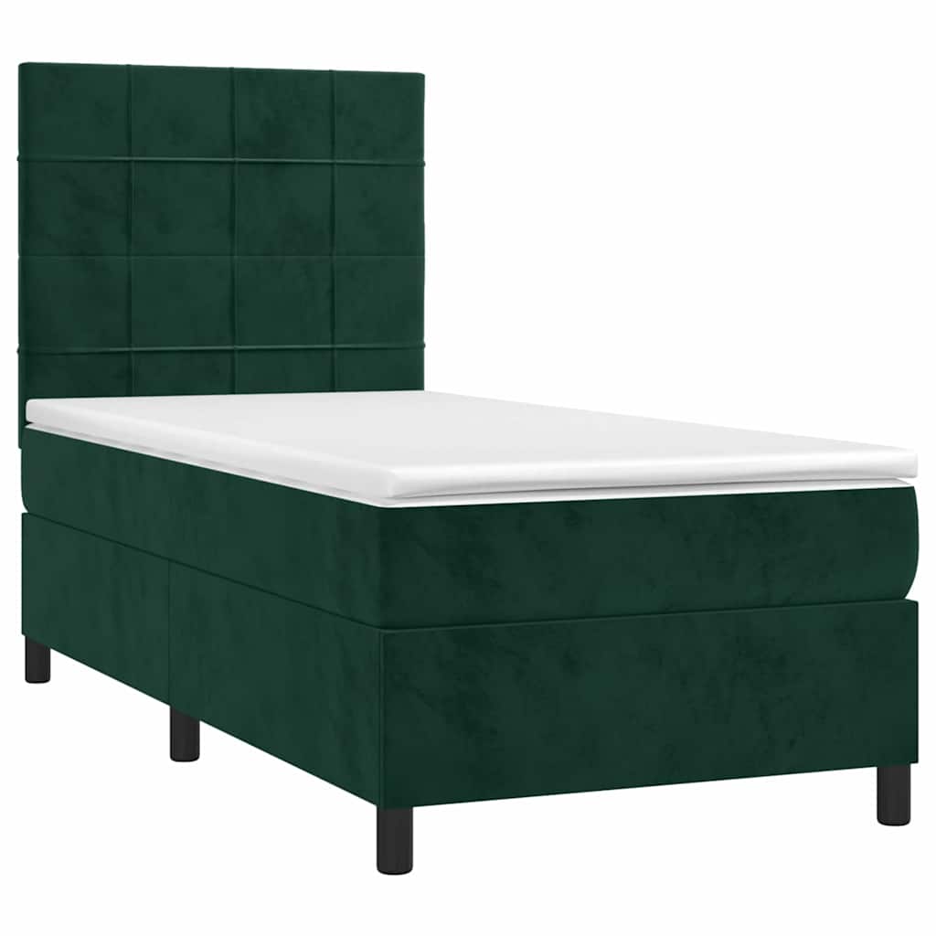 sötétzöld bársony rugós és LED-es ágy matraccal 90x190 cm
