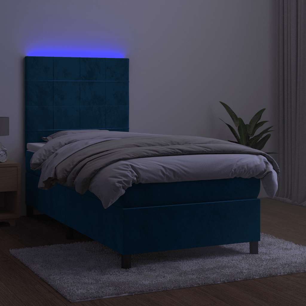 sötétkék bársony rugós és LED-es ágy matraccal 90x190 cm