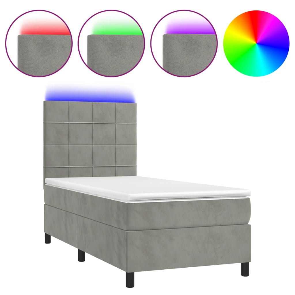 világosszürke bársony rugós és LED-es ágy matraccal 90x200 cm