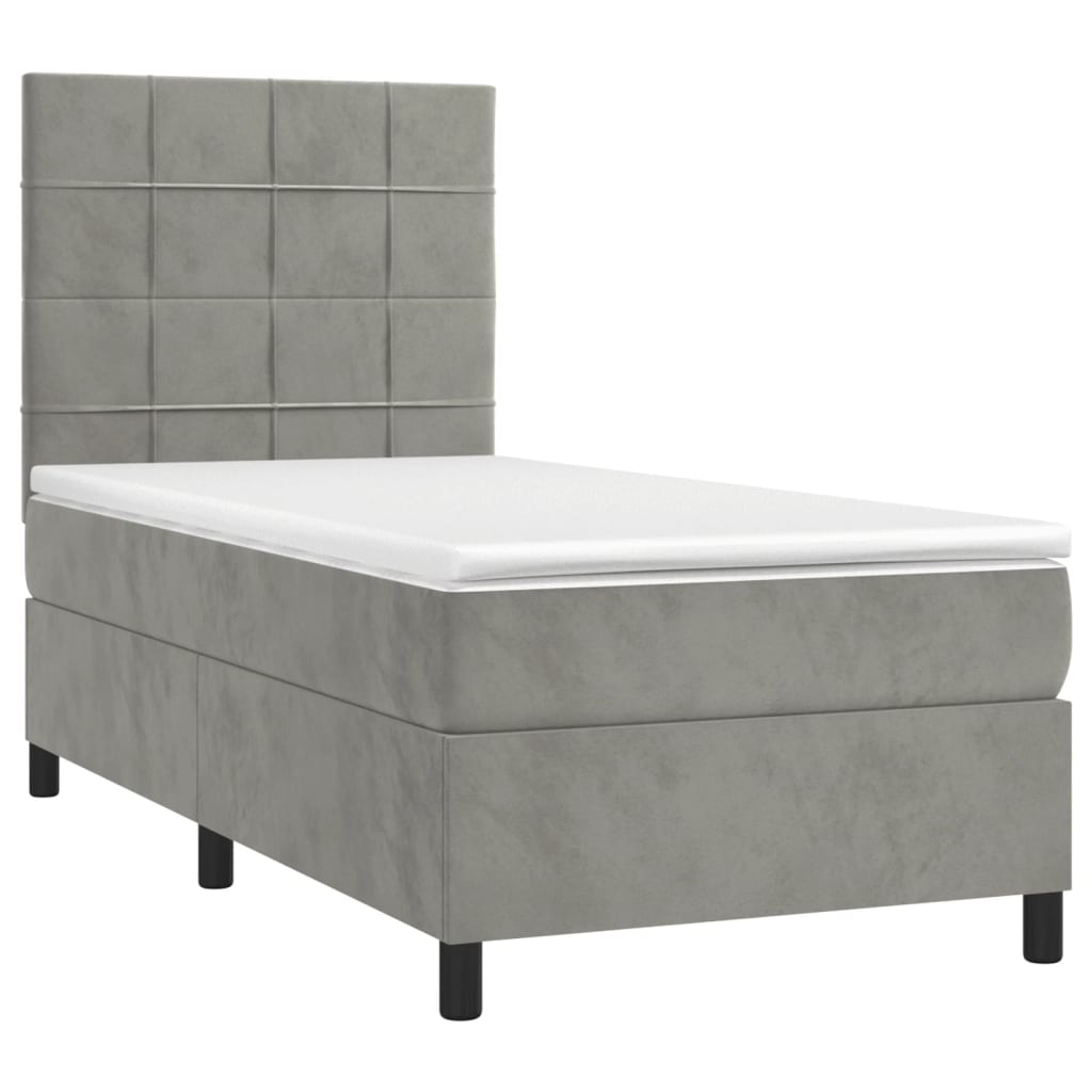 világosszürke bársony rugós és LED-es ágy matraccal 90x200 cm