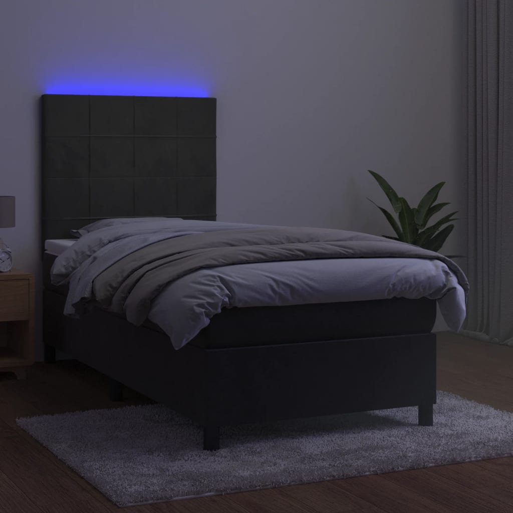 sötétszürke bársony rugós és LED-es ágy matraccal 90x200 cm
