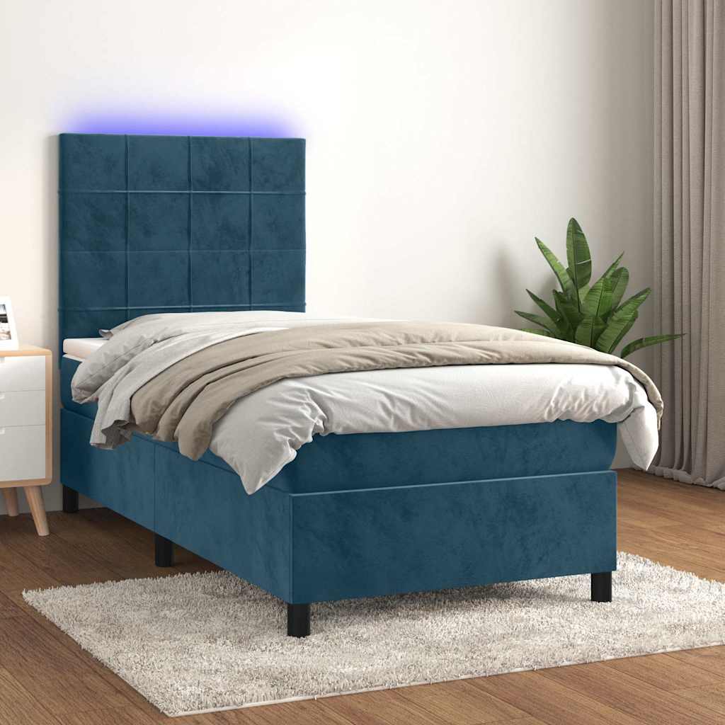 sötétkék bársony rugós és LED-es ágy matraccal 90x200 cm