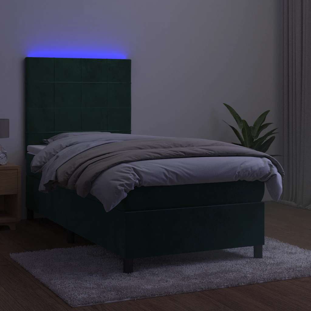 sötétzöld bársony rugós és LED-es ágy matraccal 100x200 cm