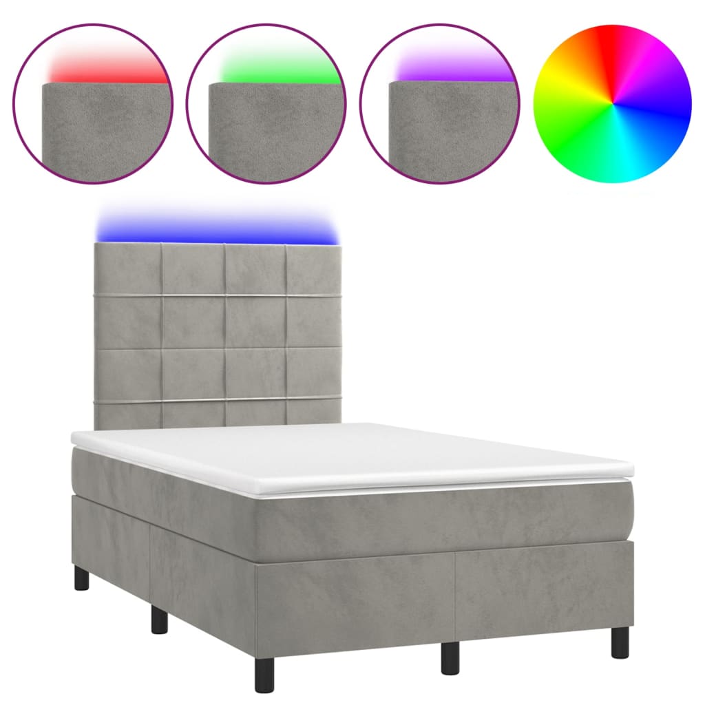világosszürke bársony rugós és LED-es ágy matraccal 120x200 cm